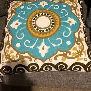Decorative Teal and Gold Embroidered Throw Pillow - Home Accents